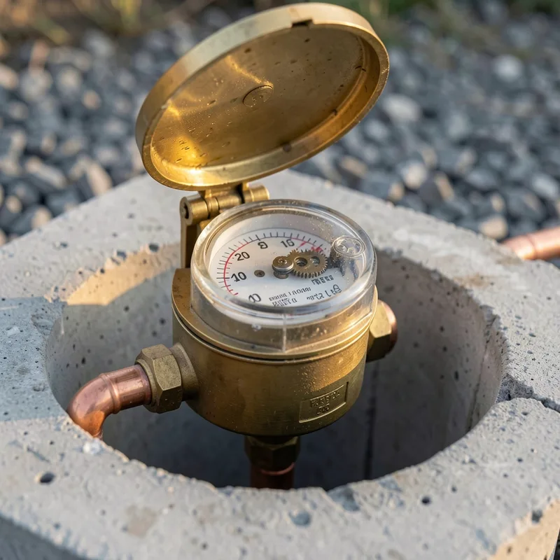 Compteur d’eau domestique dans un regard, cadran et témoin de passage nettement visibles