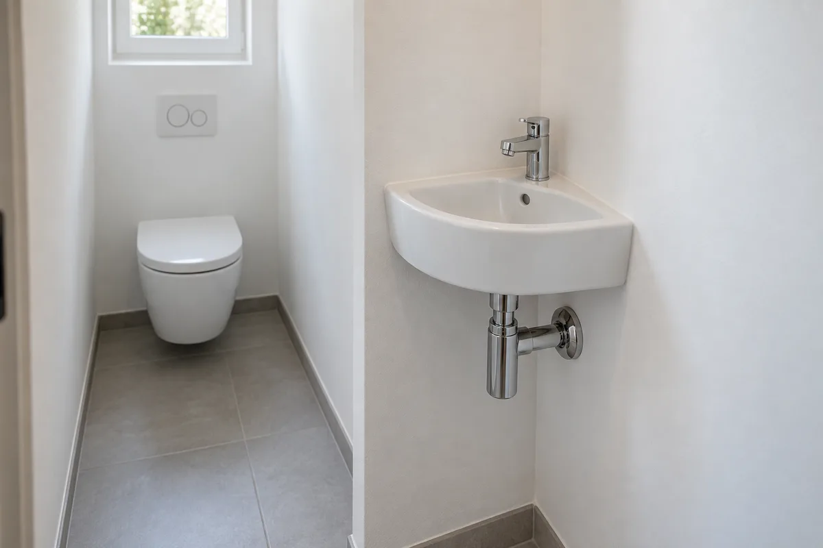 Petit lave-mains d&rsquo;angle en céramique blanche fixé dans le coin de toilettes étroites, siphon chromé apparent sous la vasque