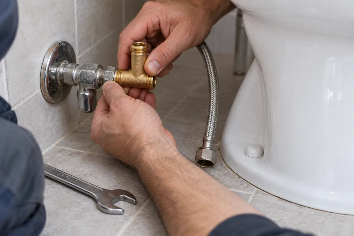 Mains d&rsquo;un bricoleur vissant un raccord en laiton en forme de T sur le robinet d&rsquo;arrêt au pied d&rsquo;un WC, flexible tressé inox et clé plate