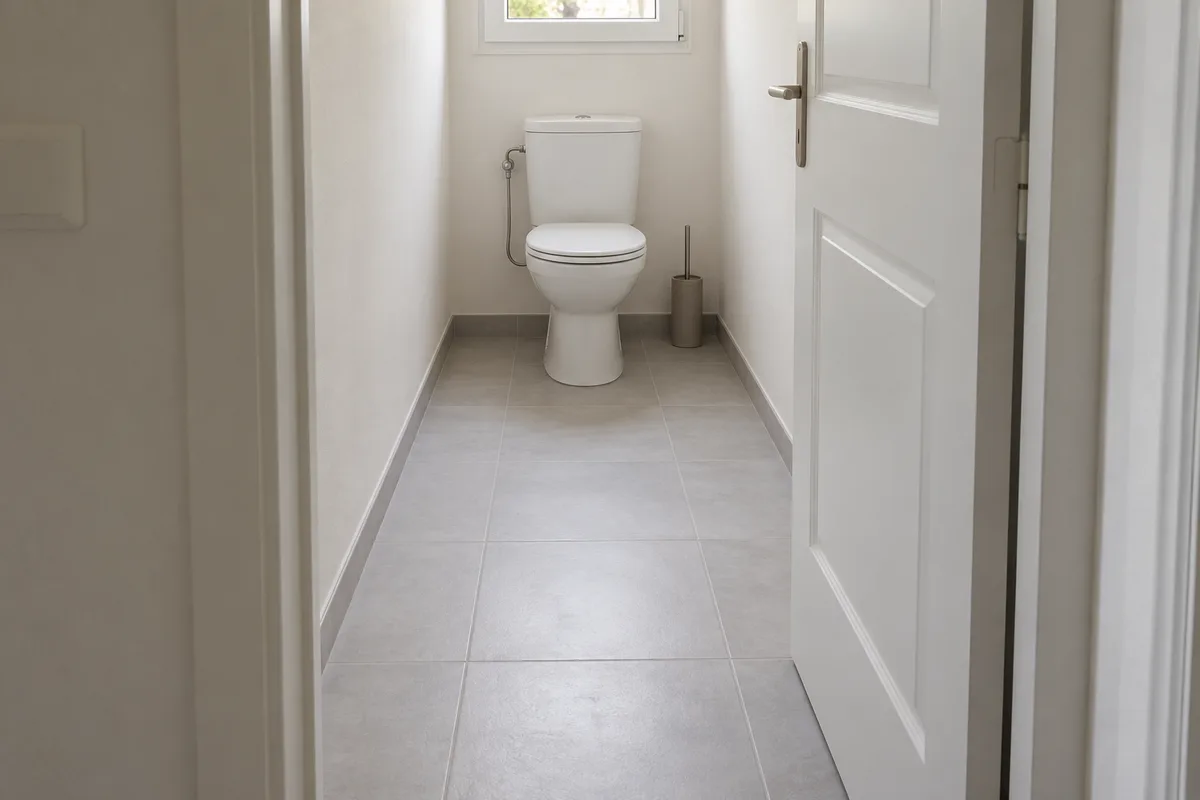 Toilettes séparées étroites vues depuis le couloir, cuvette blanche au fond, espace libre devant la cuvette et carrelage gris clair