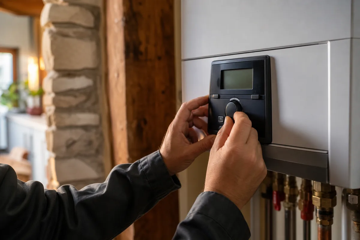 Mains d’un technicien réglant le thermostat d’une chaudière murale dans un intérieur alsacien, lumière chaude
