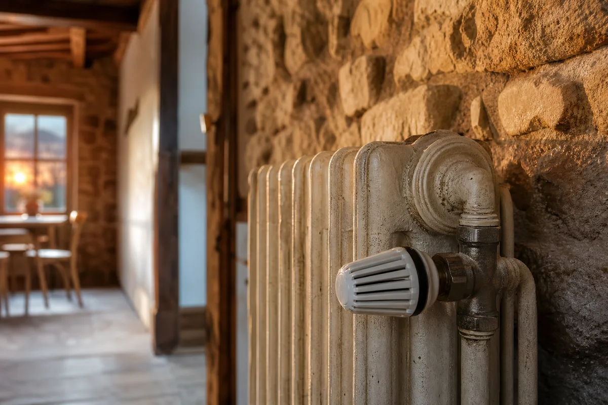 Radiateur en fonte et vanne thermostatique dans une pièce ancienne aux murs en pierre, ambiance chaleureuse