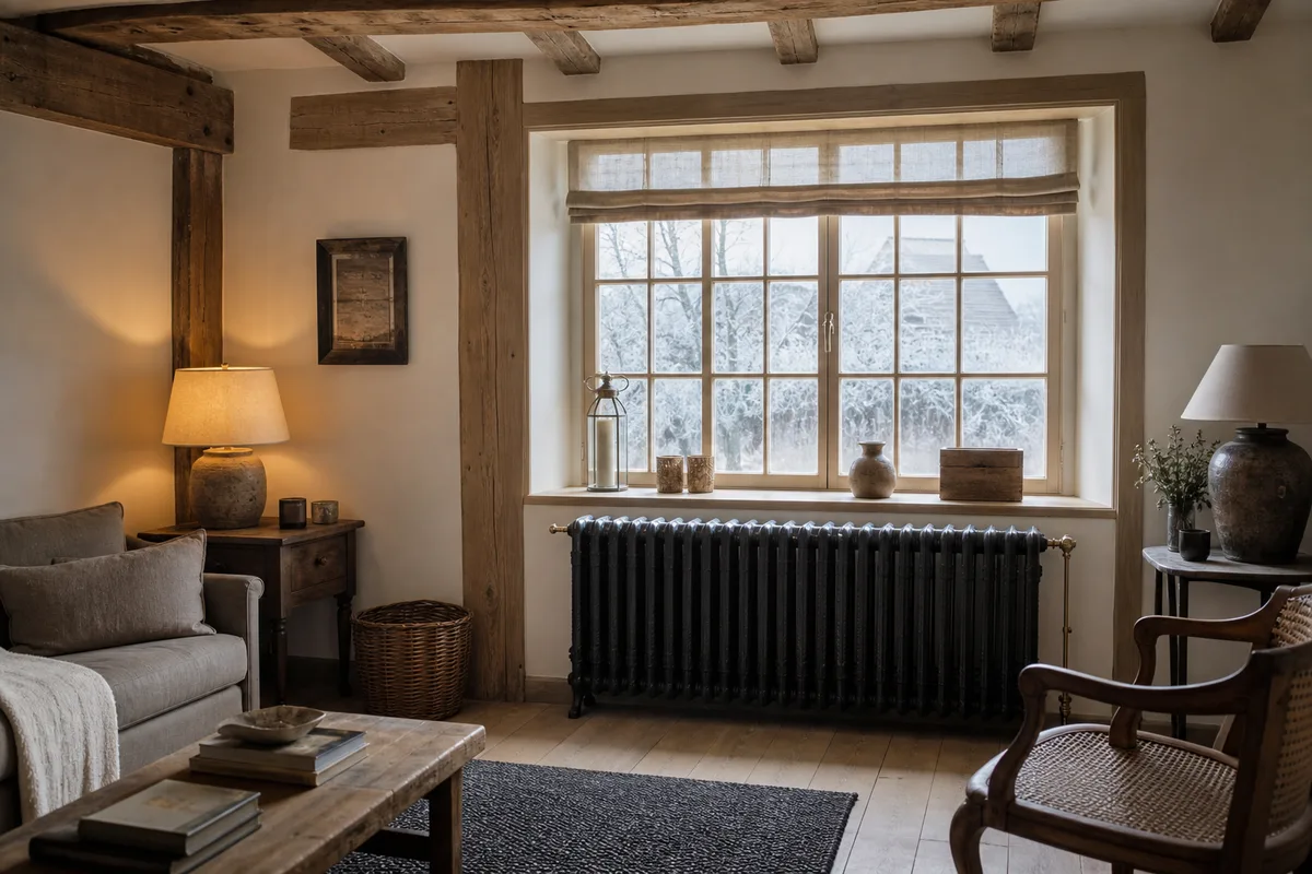 Radiateur en fonte ancien dans un salon rénové avec poutres apparentes, lumière d’hiver traversant une fenêtre