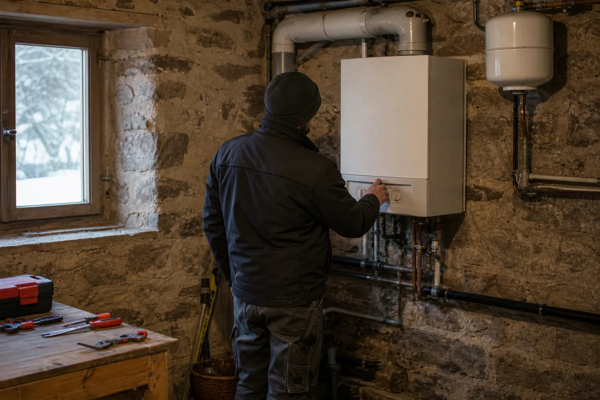 Technicien de dos réglant une chaudière murale dans une chaufferie ancienne en pierre