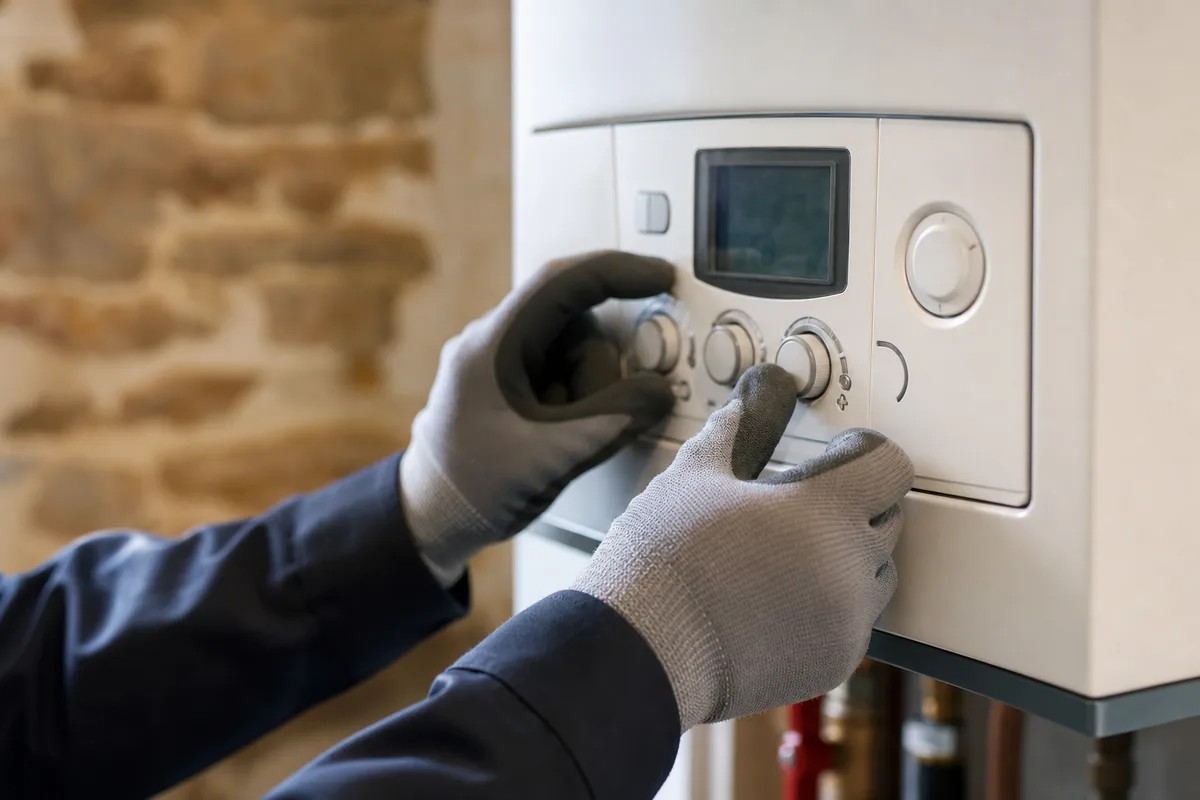 Mains d&rsquo;un technicien réglant le tableau de commande d&rsquo;une chaudière au gaz
