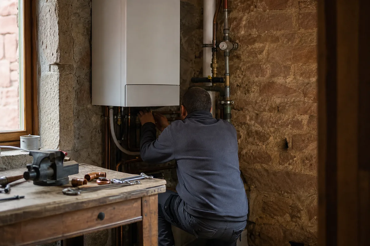 Technicien de dos raccordant une chaudière gaz murale dans une chaufferie de maison ancienne en grès, lumière douce