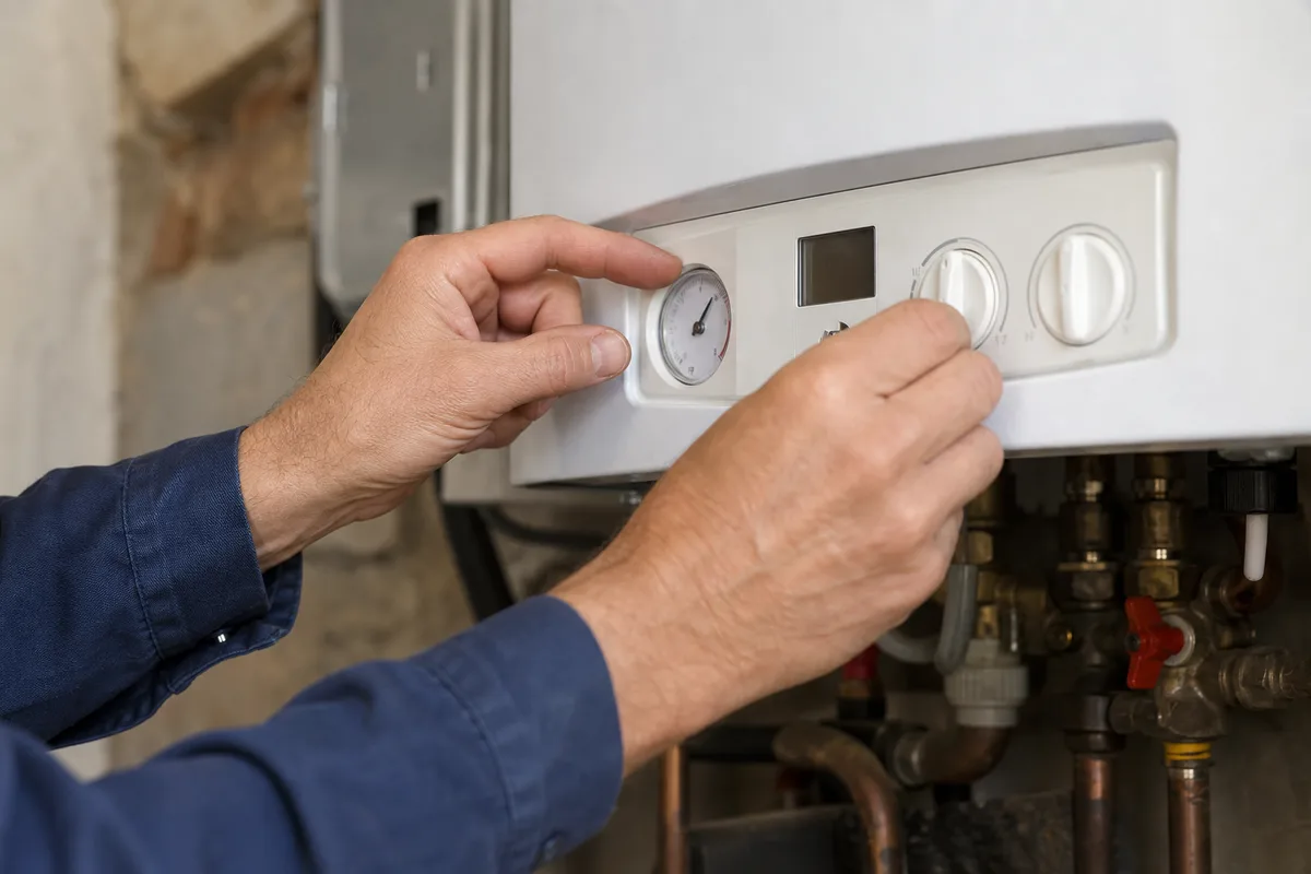Gros plan de mains vérifiant la pression et les réglages d&rsquo;une chaudière gaz murale récente