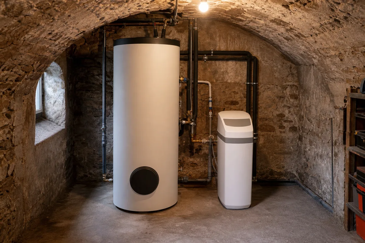 Chaufferie et ballon d’eau chaude installés dans une cave voûtée en pierre du Haut-Rhin, lumière tamisée