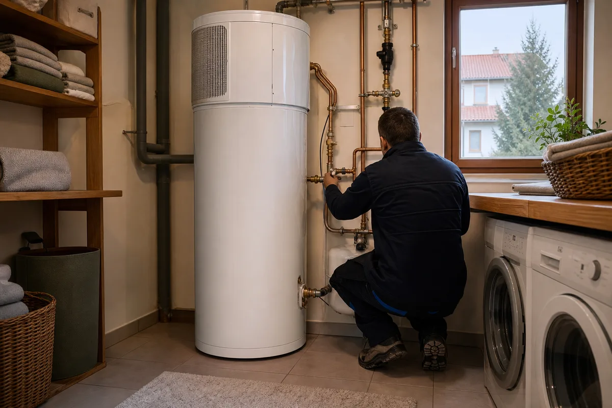 Ballon d&rsquo;eau chaude thermodynamique installé dans une buanderie de pavillon, tuyauterie apparente et raccords visibles