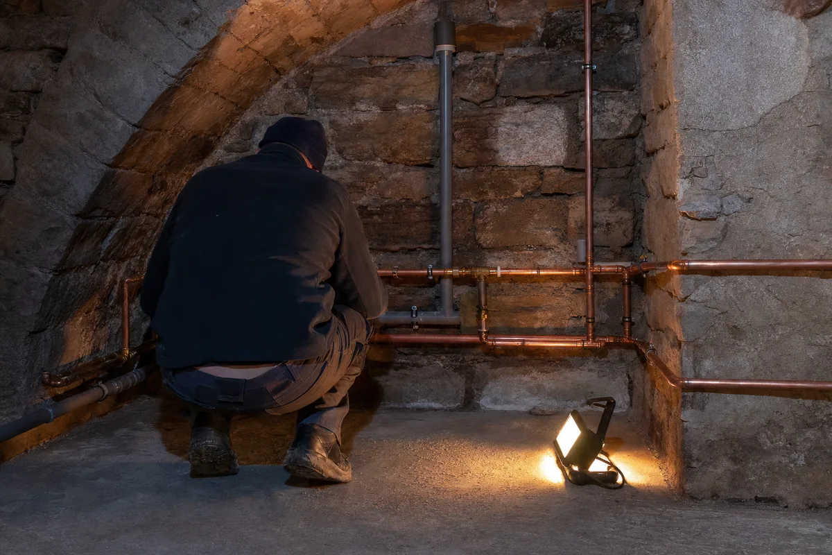 Plombier examinant un réseau de canalisations en cuivre dans une cave voûtée en grès à Thann