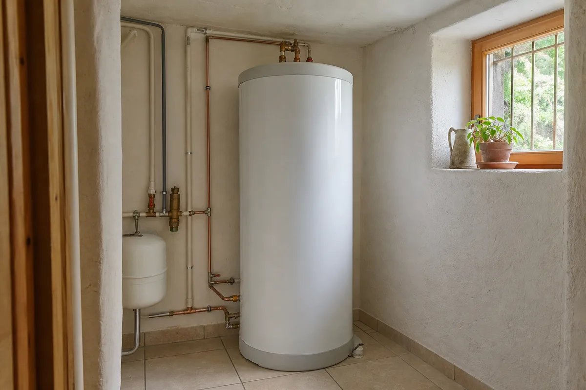 Nouveau ballon d’eau chaude installé dans un cellier d’une maison à colombages près de Thann