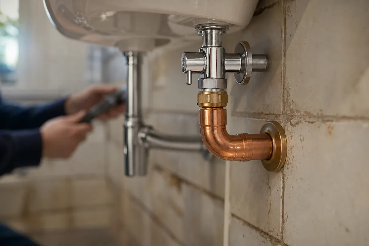 Robinetterie et coude de canalisation en cuivre dans une salle de bains rénovée