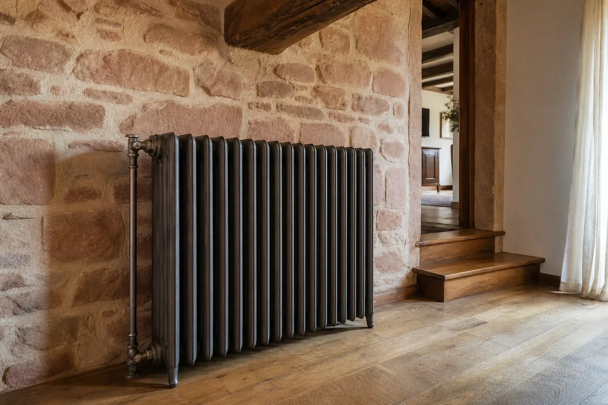 Radiateur en fonte ancien contre un mur en grès rose dans une maison de la vallée de la Thur, lumière naturelle douce